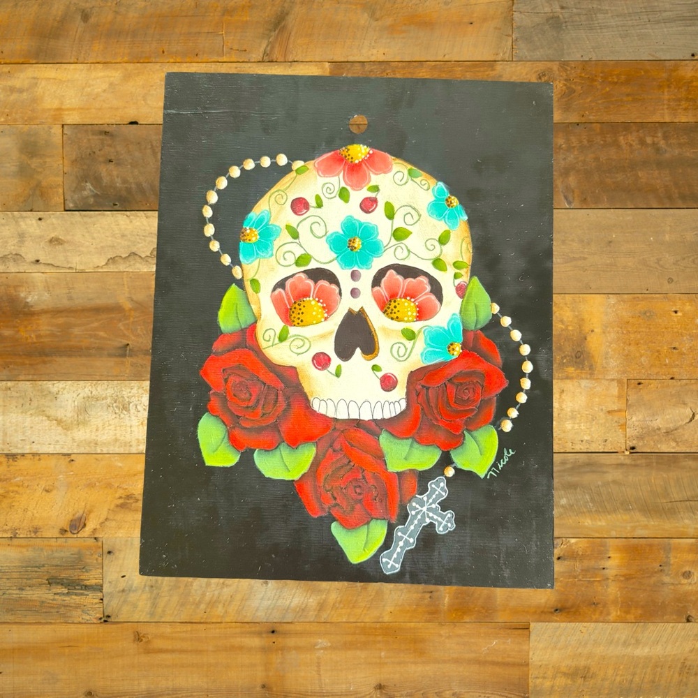Wooden sugar skull wall decor
